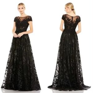 Mac Duggal Black Embellished Floral Cap Sleeve A Line Gown